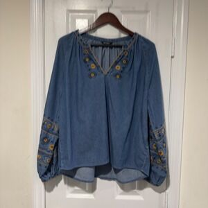 Driftwood Embroidered Chambray Blouse Womens XL Boho Floral Denim Top‎